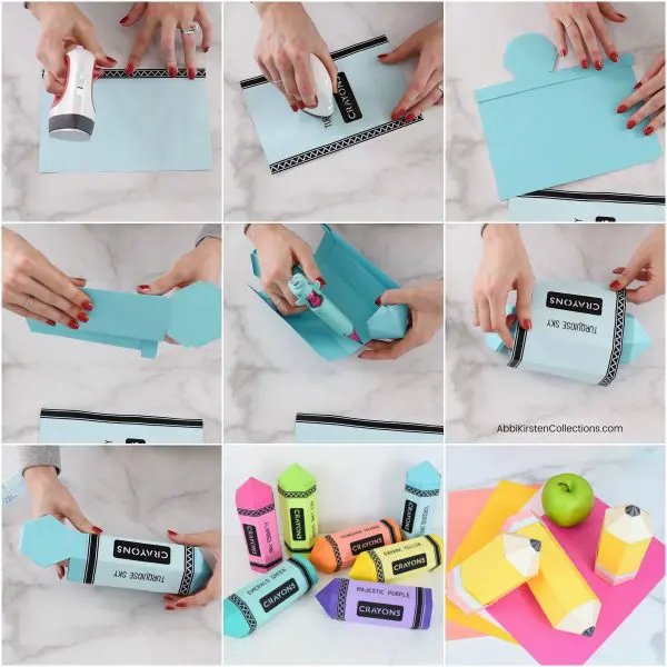 A nine picture grid showing step-by-step instructions to assemble the paper pencil teacher appreciation gifts.