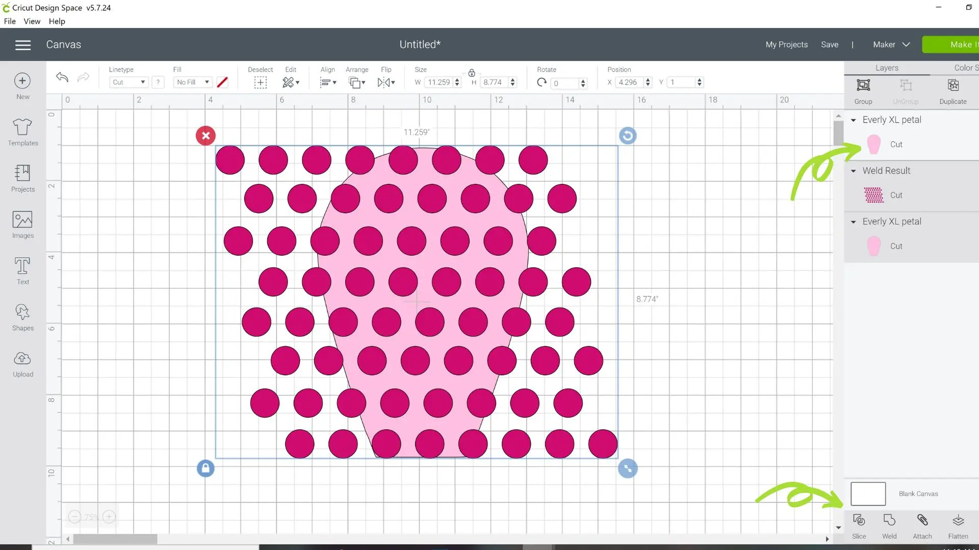 A screenshot of Design Space demonstrating how to layer a pink polka dot pattern over a light pink flower petal.