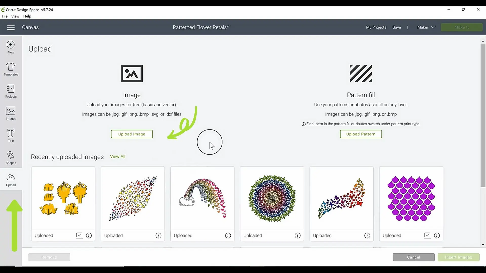 A screenshot of the Upload dashboard in Cricut Design Space, with a variety of SVG files uploaded.