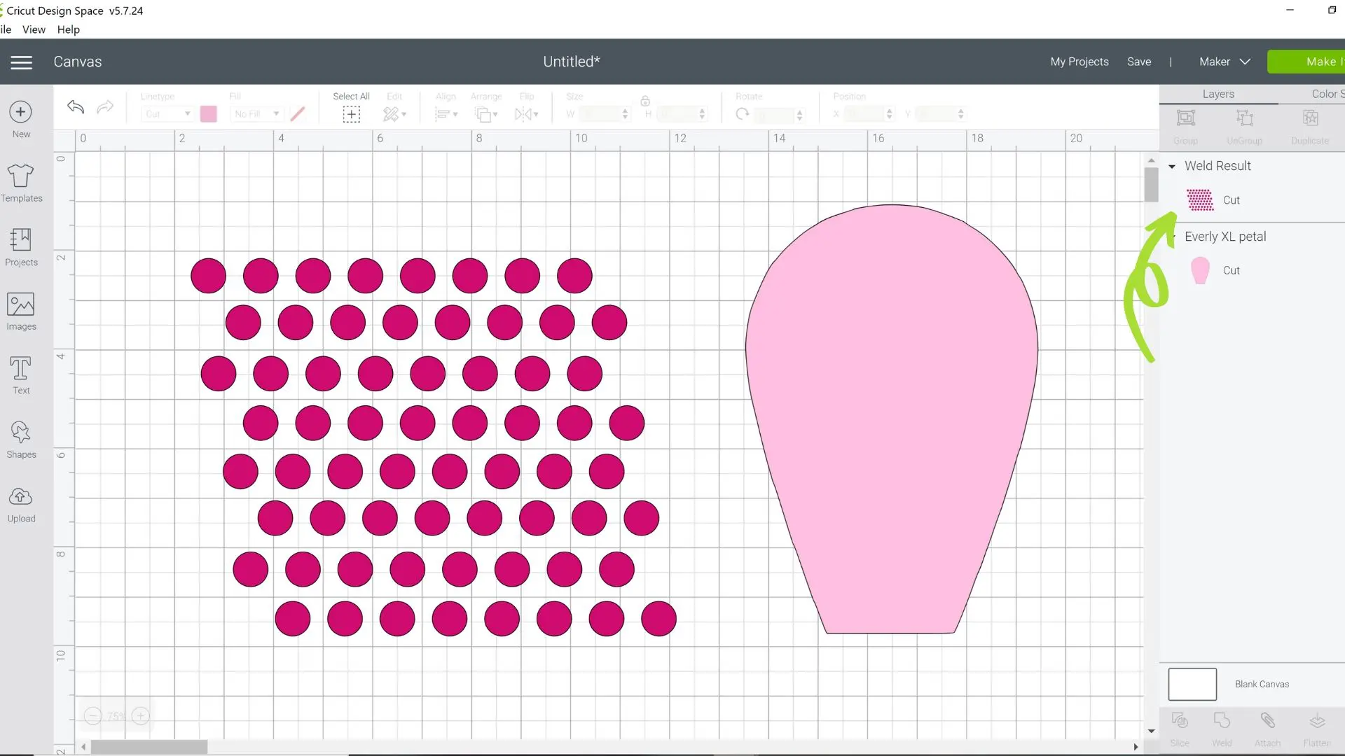 A screenshot of the Design Space canvas showing how to weld a pattern to a design. A menu is open on the right hand side of the screen, with an arrow pointing towards the "weld result" selection.