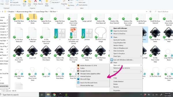 A screenshot demonstrating how to add SVG files to Design Space. The screenshot shows open menus and an arrow to show you what to click. 