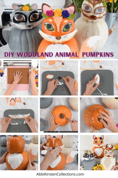 A step-by-step picture tutorial on how to construct the faux pumpkin woodland animals. The top picture shows the finished raccoon, fox, and deer with the text "DIY Woodland Animal Pumpkins." The remaining photos are overhead views on printing the templates, cutting out the designs, preparing the fake pumpkins, transferring the designs onto the pumpkin, and the finished look.