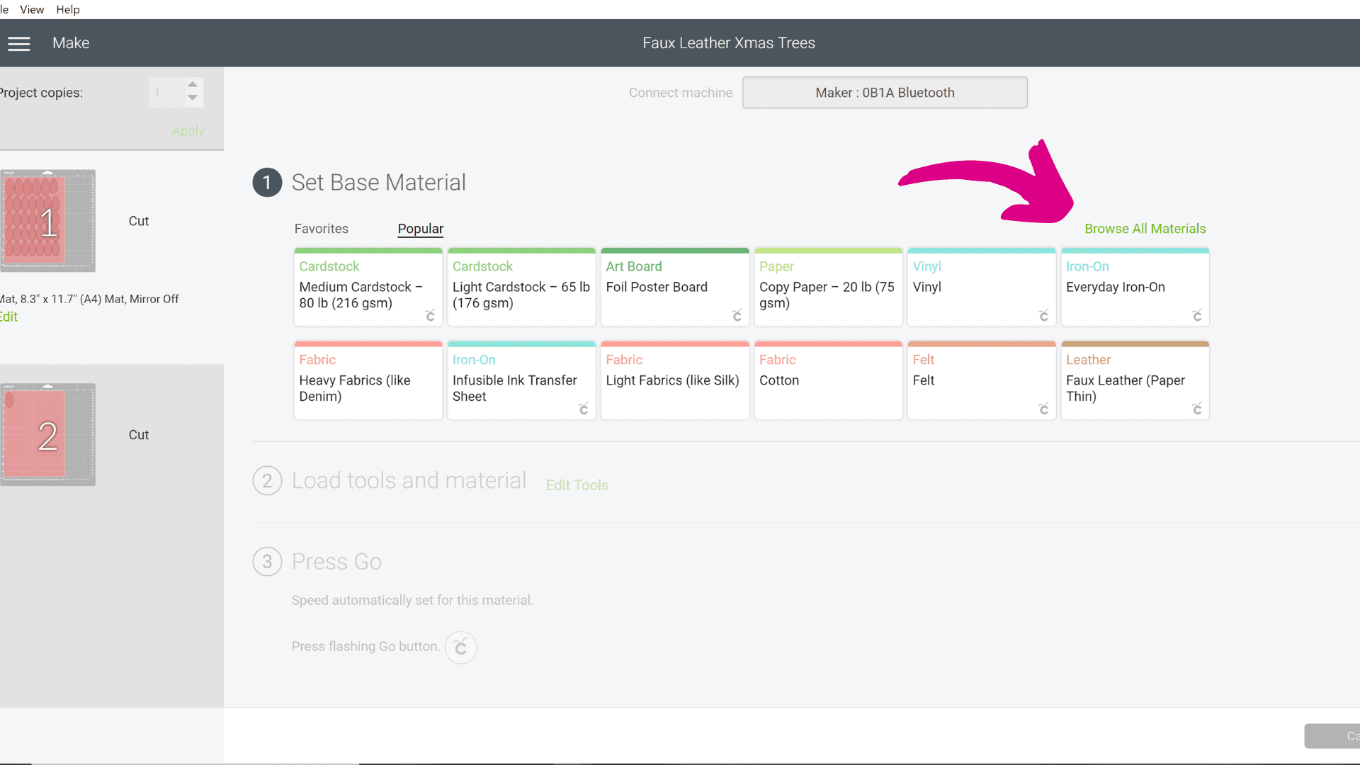 A screenshot of Design Space and the Set Base Material page. Select "Browser All Materials" to set up faux glitter leather for cutting.