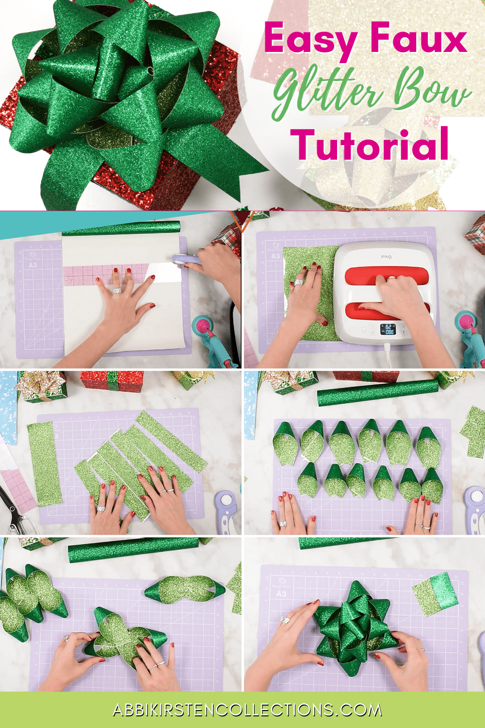 A collage of images shows the step-by-step directions on how to make bows for decorative gift boxes using faux glitter leather sheets.