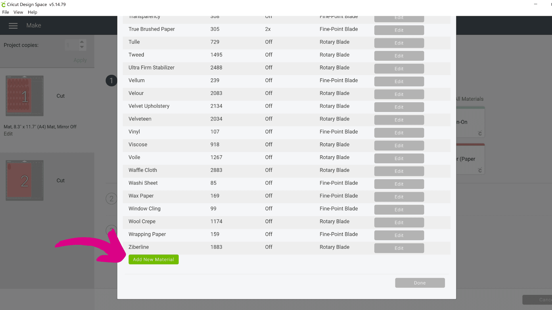 A new Design Space pop-up menu allows you to add new material to your materials list. Add Glitter Canvas to your list to represent the faux leather glitter petals we are making.