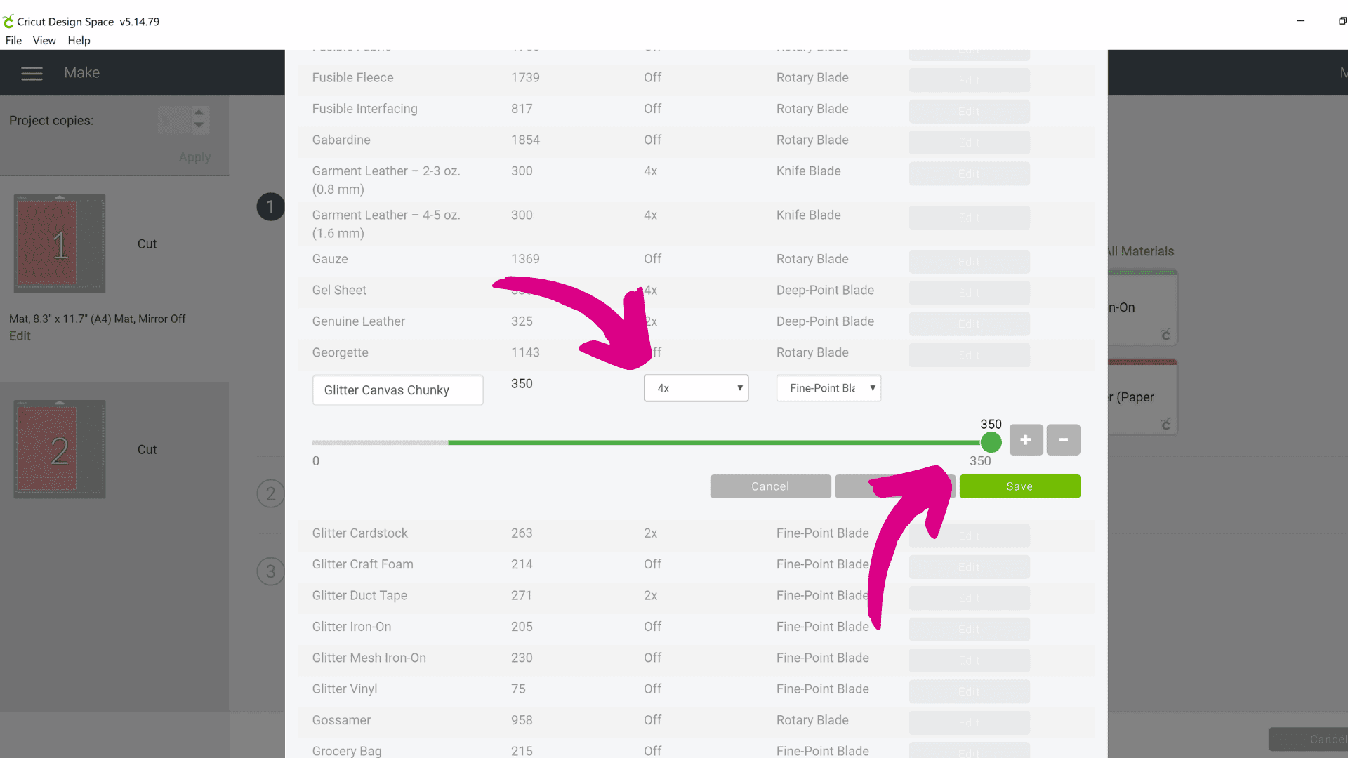 Another screenshot of a Design Space window shows a menu where you can select the blades you need to cut faux leather glitter petals for the Christmas cone craft.