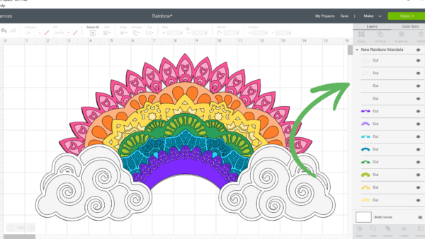 A screenshot of the 3D rainbow mandala pattern in Cricut Design Space, ready to cut using a cutting machine.
