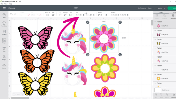 A screenshot of a Cricut Design Space canvas on which butterfly, unicorn, and flower printables are being resized to fit Eos lip balms.