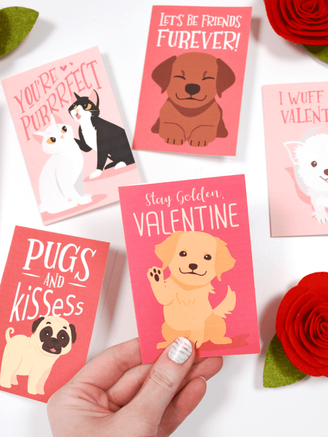 A hand holding a red Valentine's Day card in a puppy design. The card being held is surrounded with more puppy and kitty card designs
