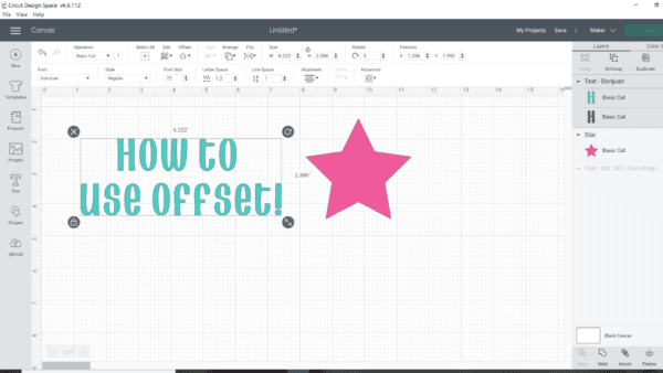 A screenshot of the Design Space canvas page, full of menu options and a grid. "How to use Offset" is written in a sea-green color and placed next to a pink star.