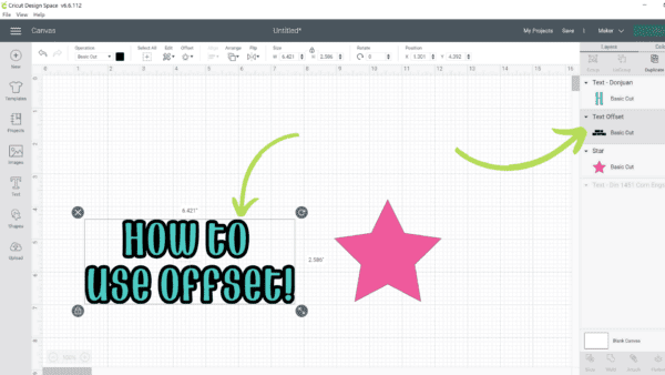 Offset layers in Design Space are shown in a screenshot. "How to use Offset" is written in green with a black outline, next to a pink star.