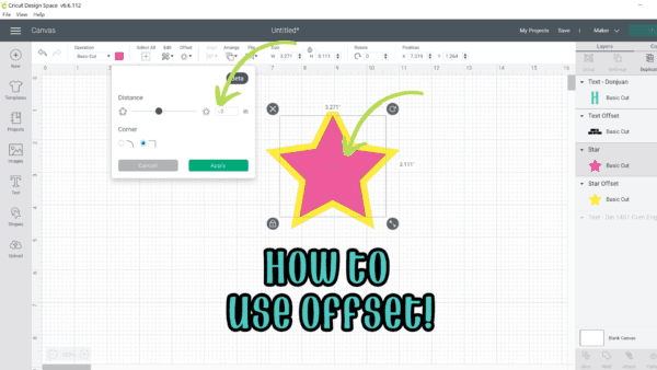 Green arrows delineate the steps needed to apply Offset to an object on this Design Space screen shot.