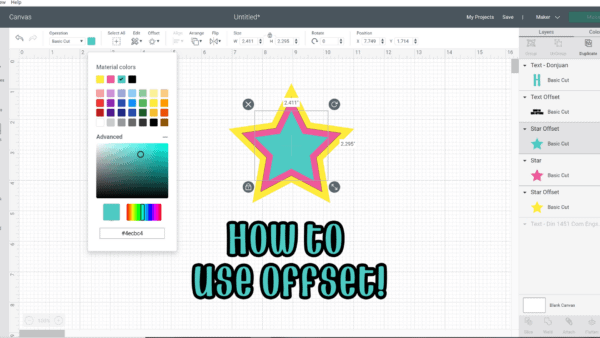 The color menu is opened on the Design Space screenshot. A blue star with pink and yellow outlines sits above the words "How to use Offset" in green with a black outline.