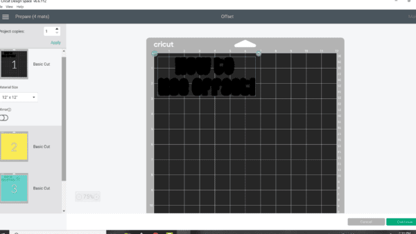 A digital Cricut mat is displayed in Design Space, with the black words "How to use Offset" barely visible on the black mat.