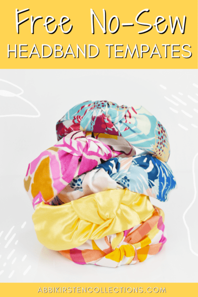 Four DIY top knot headbands are stacked on top of each other in a burst of yellows, pinks, oranges, and blues.