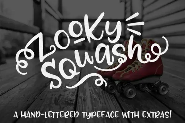 A black and white hallway with red roller-skates is the background for white text that says 'Zooky Squash a hand-lettered typeface with extras!'