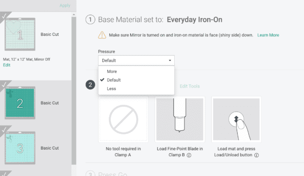 A screenshot of the Design Space window where you can adjust your pressure. Use these 25 vinyl hacks with your Cricut cutting machine.