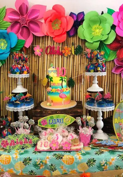 Tropical Summer luau party backdrop with large paper flowers.
