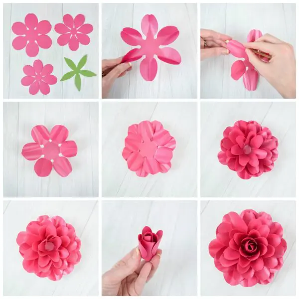 Nine photos show how to make a small paper Camellia rose, beginning with Cricut cut petals and greenery, through the creation of the center bud, to the completion of the graceful pink rose.