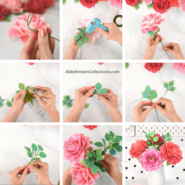 A collage of images showing how to add stems and green leaves to the paper roses, creating a gorgeous paper rose bouquet sitting in a white vase.