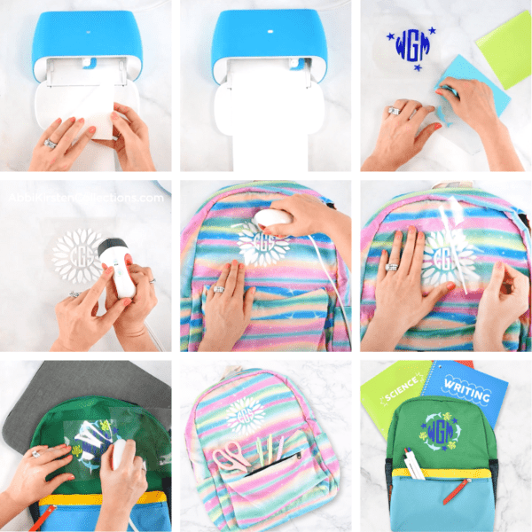 A collage of nine images showing all the steps to applying Smart Vinyl decals made with the Cricut Joy to kids backpacks.