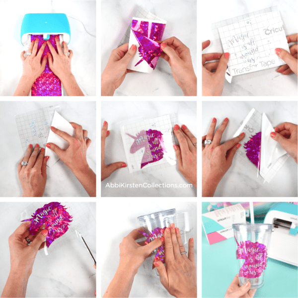 A collage of nine images showing how to cut and apply a holographic unicorn vinyl to a clear acrylic cup using the Cricut Joy cutting machine and transfer tape.