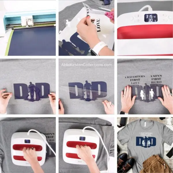 Using a free SVG file, Abbi Kirsten shows how to use heat transfer vinyl to make a layered custom Father's Day t-shirt in step-by-step instructional pictures.