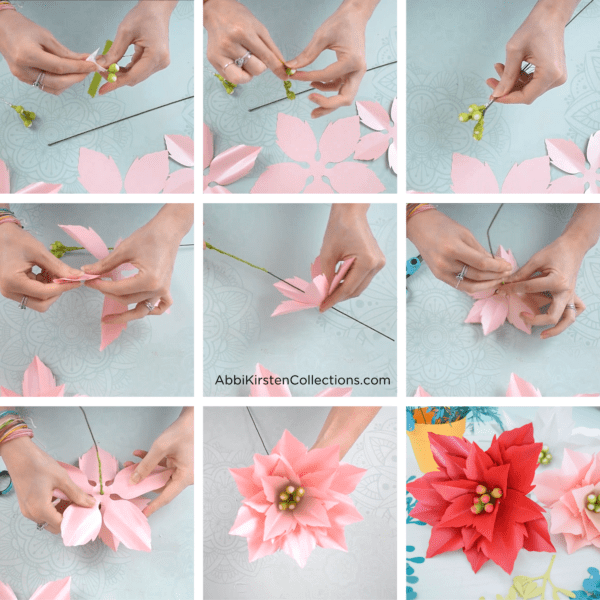 A collage of nine images showing how to make paper poinsettia flowers for a festive Christmas flower arrangement.