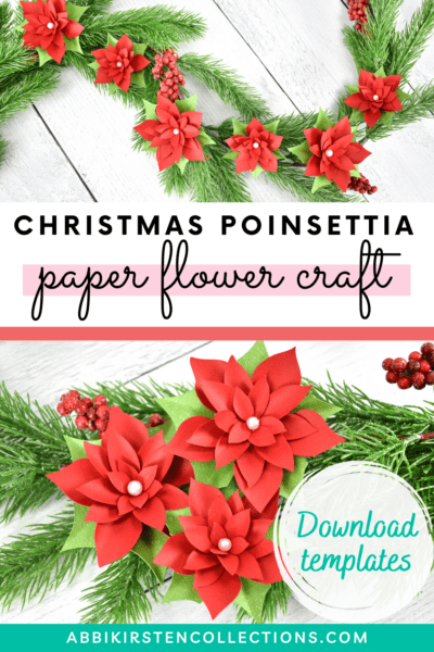 Learn how to make easy christmas poinsettia paper flowers with your Cricut or paid of scissors and printable templates.