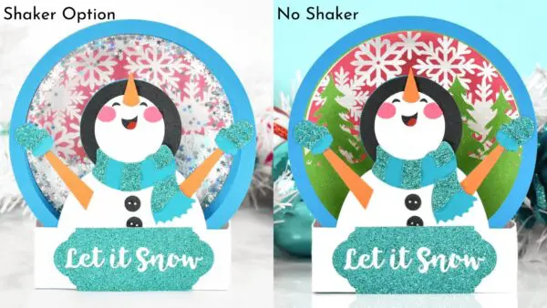 Side by side view of a handmade snowman pop up card with a shaker effect. 