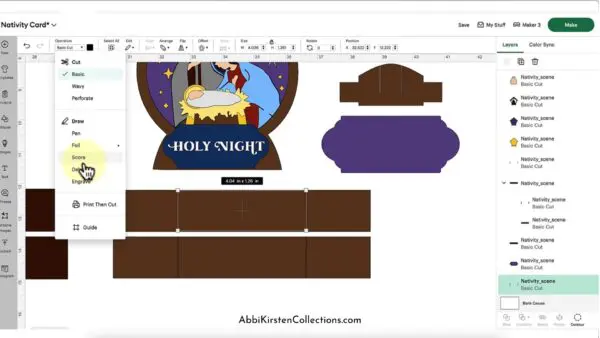 Nativity pop up card SVG in Cricut Design Space showing how to set score lines. 