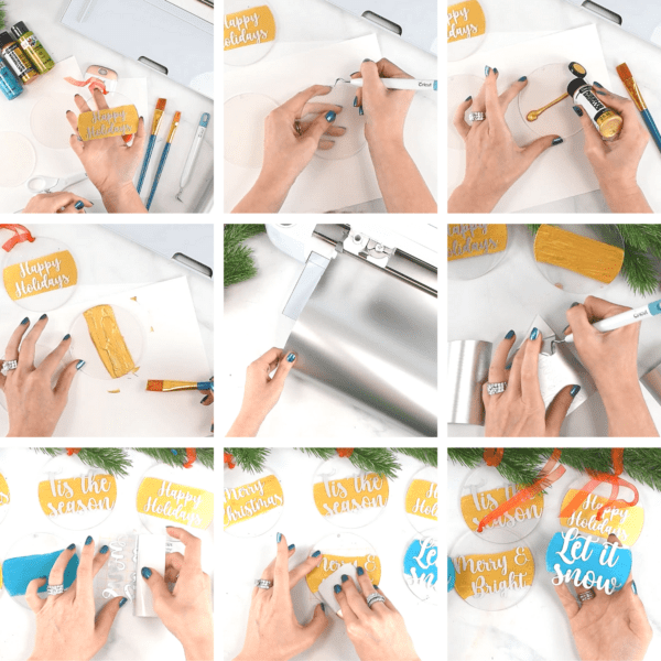 How to paint clear acrylic disk ornaments and add vinyl with your Cricut machine.