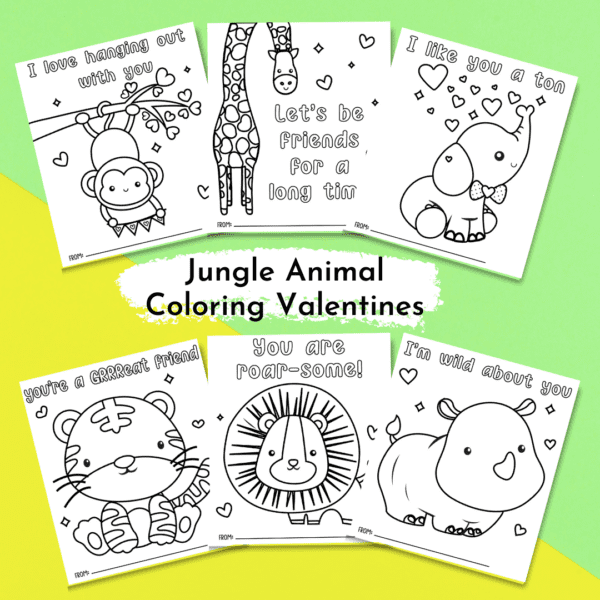Jungle coloring page printable valentines for kids.