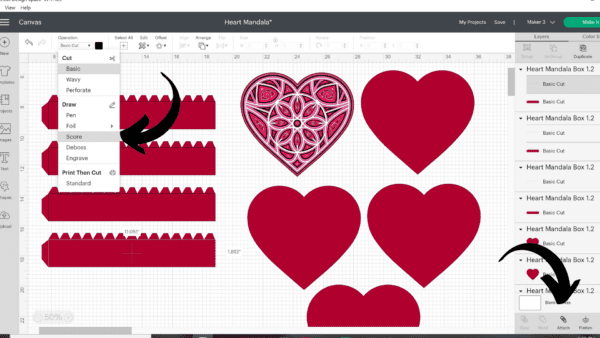 Red and pink heart paper craft templates in Cricut design space.
