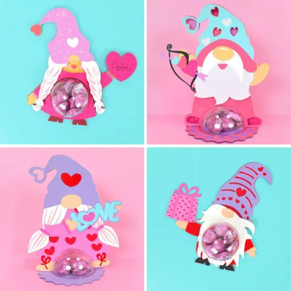 Set of four gnome candy holders for Valentine's Day featured in a square collage.