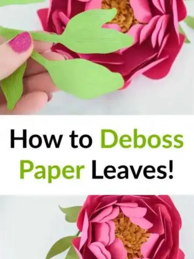 A pink paper peony with debossed green paper leaves