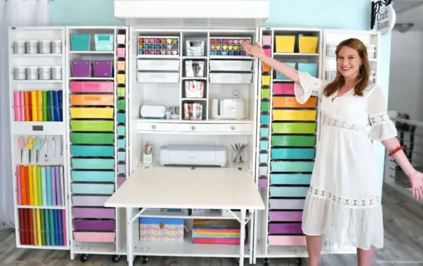 Abbi Kirsten posing in from of a Dreambox storage cabinet with brightly colored totes.