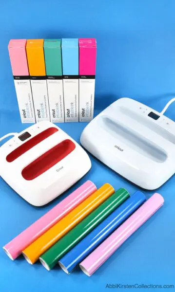 Colorful rainbow vinyl and Cricut Infusible Ink with Cricut EasyPress.