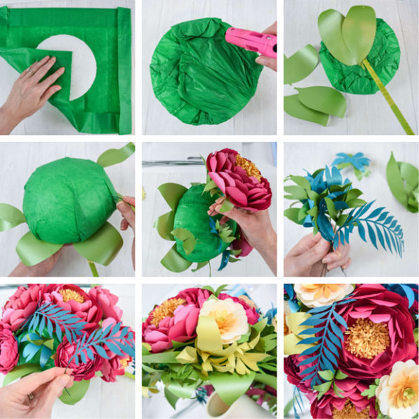 A collage of 9 images shows the step by step process of making a cascading paper flowers bouquet, starting from creating the base, to adding the stem, all of the paper flowers, paper leaves and greenery, and finally, the finished paper flower bouquet.