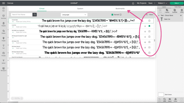 A helpful Cricut Design Space update is the ability to bookmark fonts. The Design Space window displays fonts with a pink circle and arrow pointing to the checkboxes next to each font and the tab saying "bookmarks."