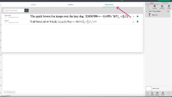 You can search for bookmarked fonts from the canvas screen in Cricut Design Space as seen in this screenshot of the open bookmark tab and font drop-down menu. 