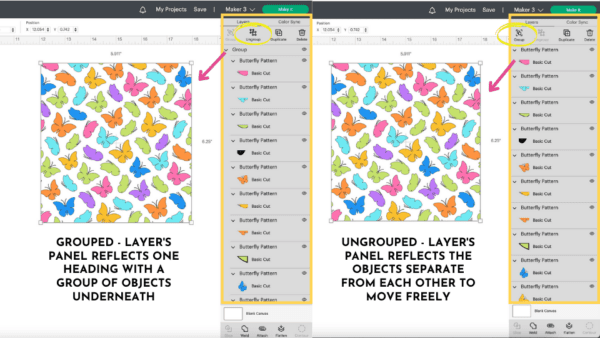 Two educational screenshot illustrations on how to group and ungroup in Cricut Design Space. The canvas windows show two squares full of butterflies of all colors. The first graphic shows "grouped" in the pop-up menu, and the second shows "ungrouped" in the menu on the right. 
