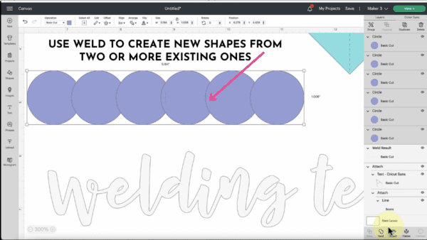 Use the weld tool to create new shapes and images in Cricut Design Space.  This Design Space screenshot has multiple blue circles above the outline of the design that reads "welding text." A pink arrow points to the circles, and the black text reads, "Use weld to create new shapes from two or more existing ones."