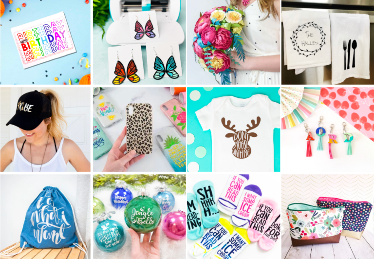 The image shows a collection of ideas of crafts to make with your Cricut machine to sell for profit.