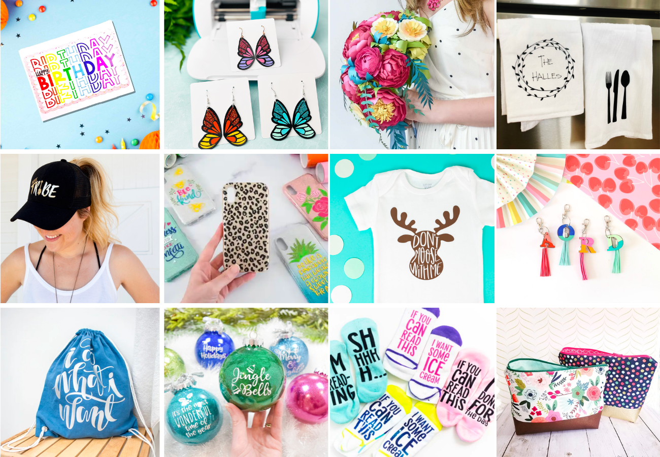 The image shows a collection of ideas of crafts to make with your Cricut machine to sell for profit.
