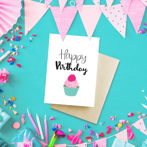 small happy birthday card with cupcake image and happy birthday text