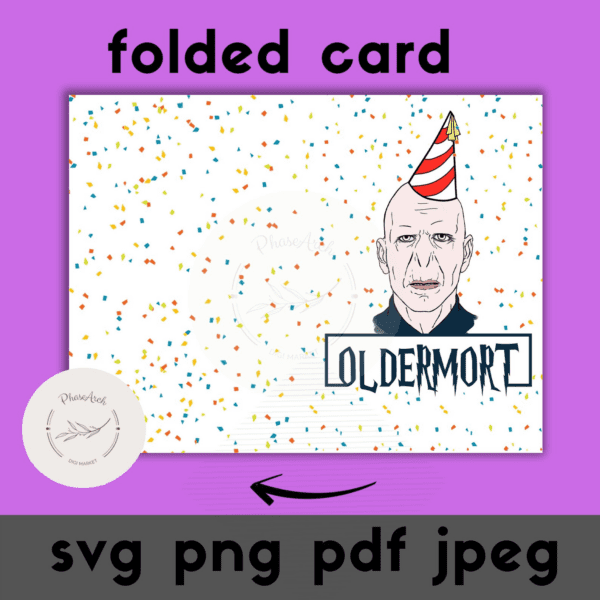 Harry Potter folded card with Oldermort character wearing birthday hat