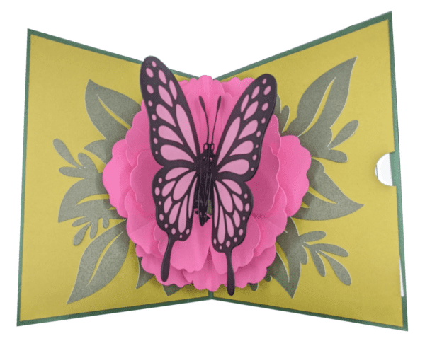 pink butterfly pop-up card on pink rose with gold card