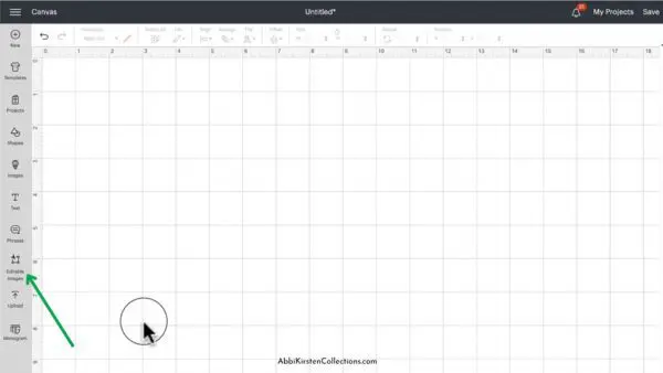 The empty canvas has a green arrow pointing to the left menu bar showing editable images in Cricut Design Space.