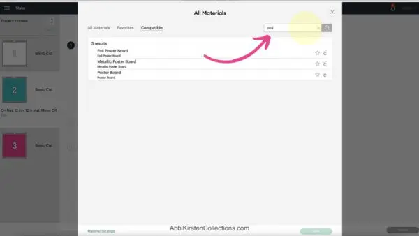 A screenshot of selecting materials in Cricut Design Space.